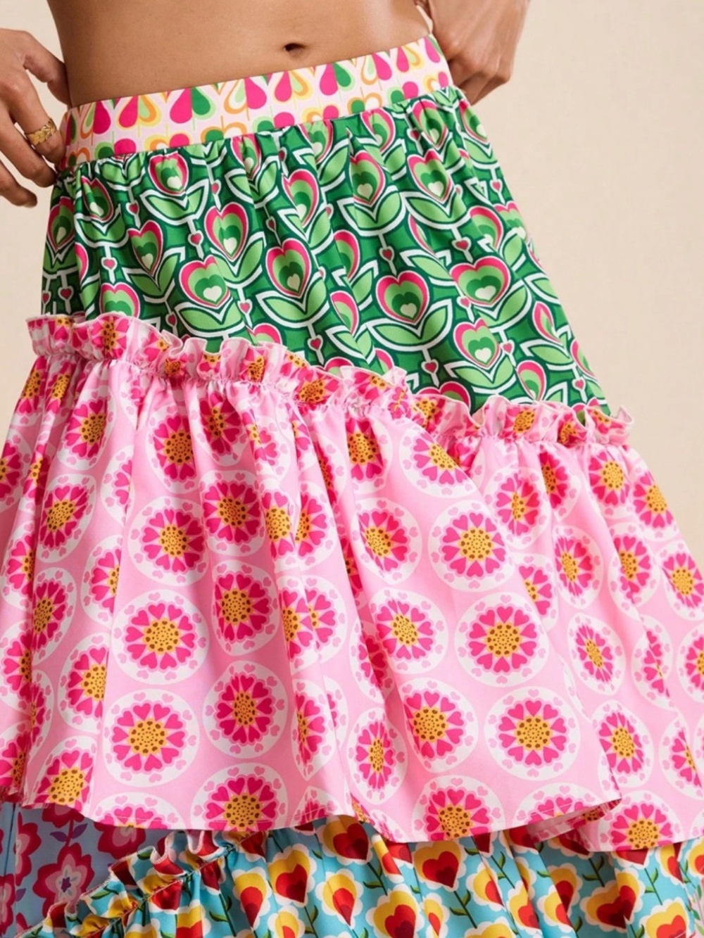 Boho Floral Print Stretchy Waist Layered ruffle Maxi Skirt - Picture 3 of 5